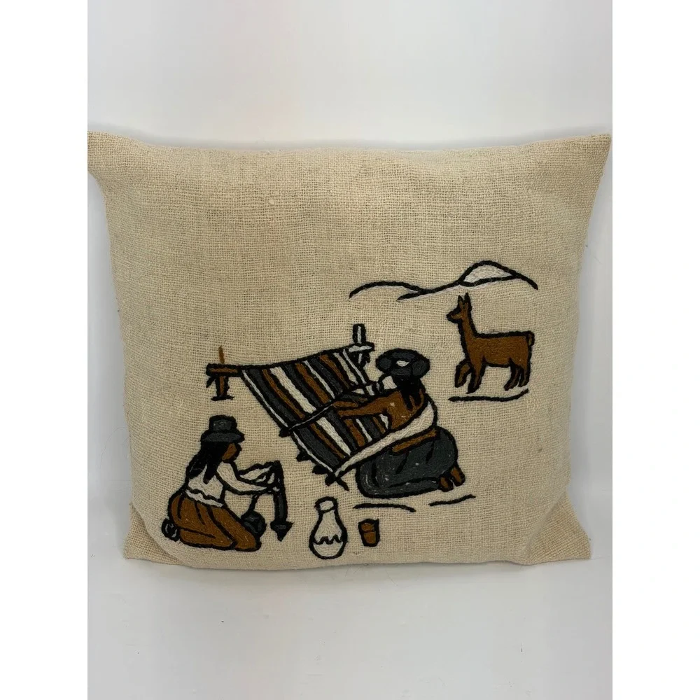 Vintage Peruvian Hand Embroidered Wool Pillow Cover Weaver Llama Folk Art 14x15
